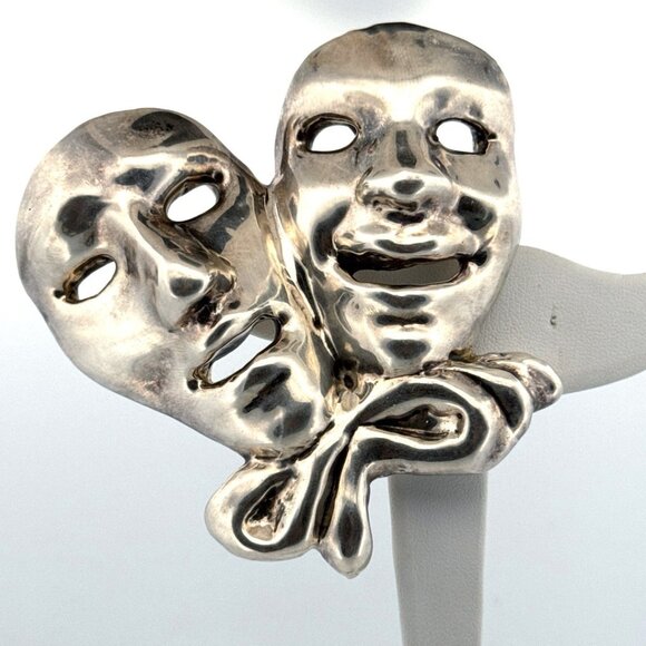 Estate Sterling Silver 925 Comedy Tragedy Theater Mask Brooch Pin 57.7g Large - Picture 1 of 8
